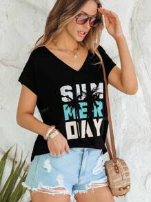 Women's West Coast Palm Tree Graphic T-Shirt, Black Casual Top, Loose Fit, Summer Holiday Travel Themed Tee, Vacation Beach Festival Lucky Daily Wear