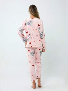 2Pzs Pijamas de Algodón Suaves y Cálidos - Conjunto Térmico de Manga Larga para Dormir, Estampados Divertidos Blusa y Pantalones - PERRO ROSA - Ver 2