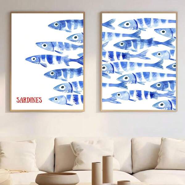 2 Pieces Sardine Dash Set, Blue Watercolor Fish Print, Sardine Poster, Beach House Nautical Decor, Seaside Wall Art, Vintage Mediterranean Poster, Unframed