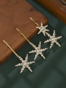 3pcs Star Hair Clips Rhinestone Hairpin Metal Hair Barrettes Elegant Geometric Hair Pins Fashion Hair Barrettes Accessories For Women Girls,Gold Head Piece