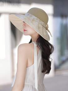 1 件女士帽子，新款春夏水印花花卉拼布蝴蝶结草帽，时尚百搭轻便透气防风遮阳帽，户外旅行度假防晒宽边渔夫帽，适合日常使用