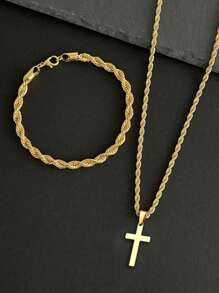 2PCS Twisted Rope Bracelet, Twisted Rope Cross Pendant Necklace, Exquisite Gift, Suitable For Gifting, Daily Wear - Gold - View 2