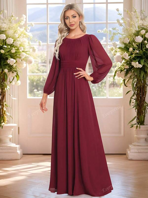 EVER-PRETTY Elegant Chiffon Round Neck Lantern Sleeve Burgundy Bridesmaid Dress Wedding Guest Gown For Wedding
