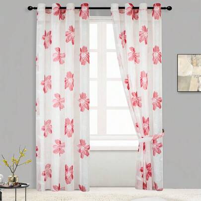  1 Tenda Trasparente Con Stampa Floreale, Elegante Tenda In Voile Con Occhielli Per Finestra Del Soggiorno, 140*225 Cm