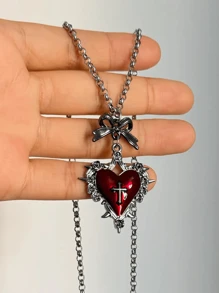 1pc Gothic Punk Style Red-Black Heart, Butterfly, Cross Pendant Necklace, Vintage Inspired Y2K Aesthetic Choker For Women - Multicolor - View 2