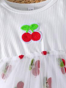 Baby Girl Cute Fruit Embroidery Splice Mesh Ruffle Sleeve Casual Dress For Summer