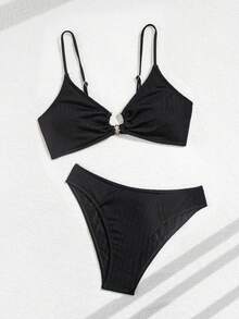 Sexy High-End Special Fabric Hoop Decor Bikini Set - Black - View 5