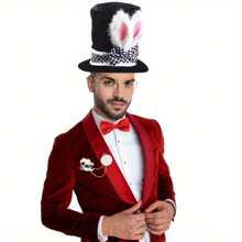 3 件复活节兔子服装套装 - 毛绒白兔子高顶帽配格纹带、金色怀表和蓝色蝴蝶结 - 涤纶混纺，无需电源 - 非常适合复活节、万圣节和圣诞节装扮派对，万圣节服装套装 | 俏皮服装设计 | 装饰性蝴蝶结，兔子配饰 - 彩色 - 查看 3