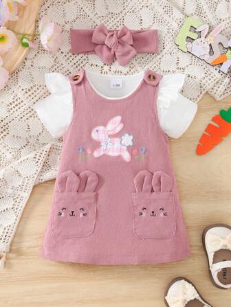 3 件套女婴盖袖连体衣 + 可爱兔子、花朵和刺绣围兜连体衣（带头带）