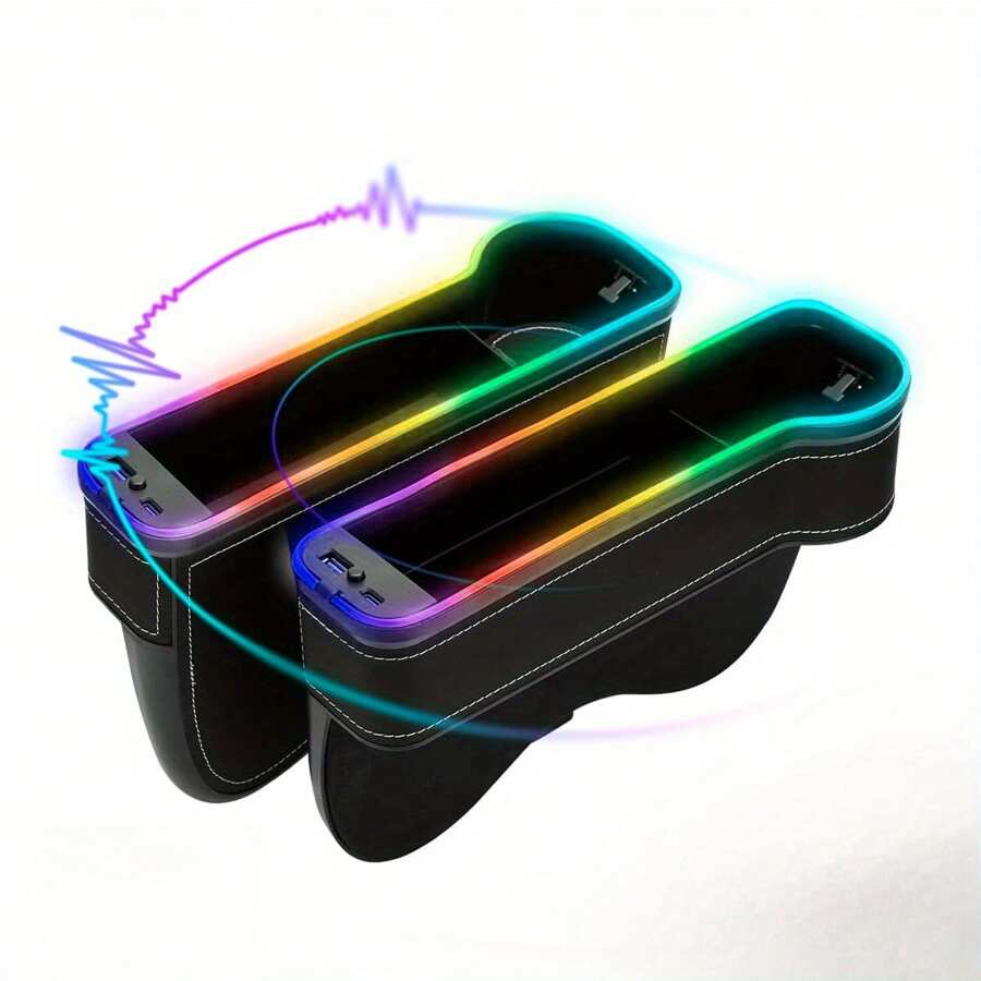 2pcs LED Car Seat Gap Filler With Cup Holder - Console Side Storage Box And Interior Decor Ambiance Light