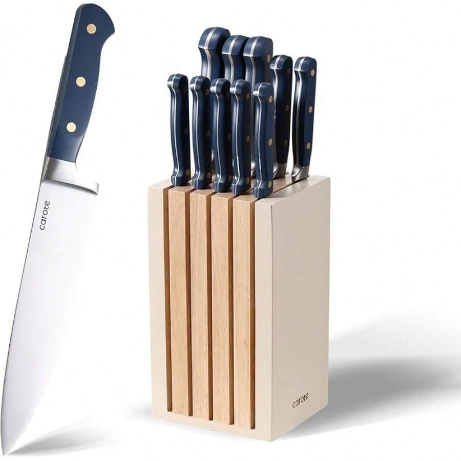 CAROTE 11 Pieces Knife Set With Block For Kitchen, Stainless Steel Razor-Sharp Blade, Triple Riveted Ergonomic Handle, Wooden Magnetic Block, Essential Knife Block Set, Beigeprompt Goods - Blue-wS - View 1