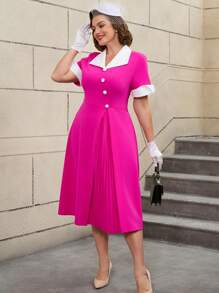 AOMEI Plus Size 50S Retro Fuchia Midi Dress Curve Ladies A Line Pleated Patchwork Lapel Button White Color Block Elegant Vintage Modest Outfits, Party Dress, For Cocktail - Hot Pink - View 7