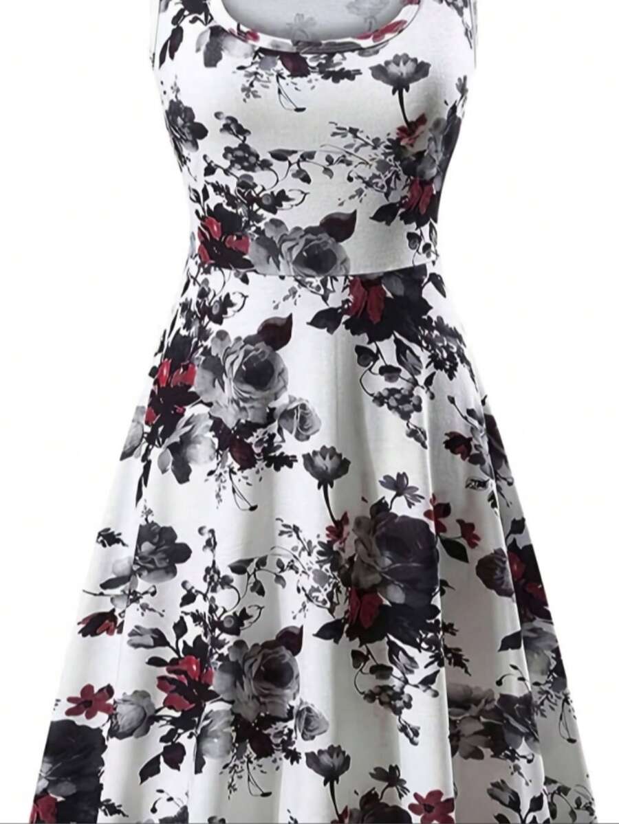 Floral Print Square Collar Sleeveless Dress, Sexy High-Waisted Peplum Hem Beach Dress, Women's Dress