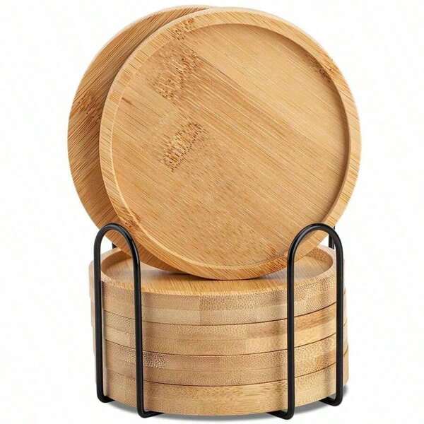 1/6 pièces Set de sous-verres en bambou avec support, convient pour les tables basses, sous-verres en bois pour les plantes en pot, protection de bureau, cadeaux de pendaison de crémaillère, sous-verres carrés/ronds en bambou pour les pots de fleurs, plateaux à boissons, bureau