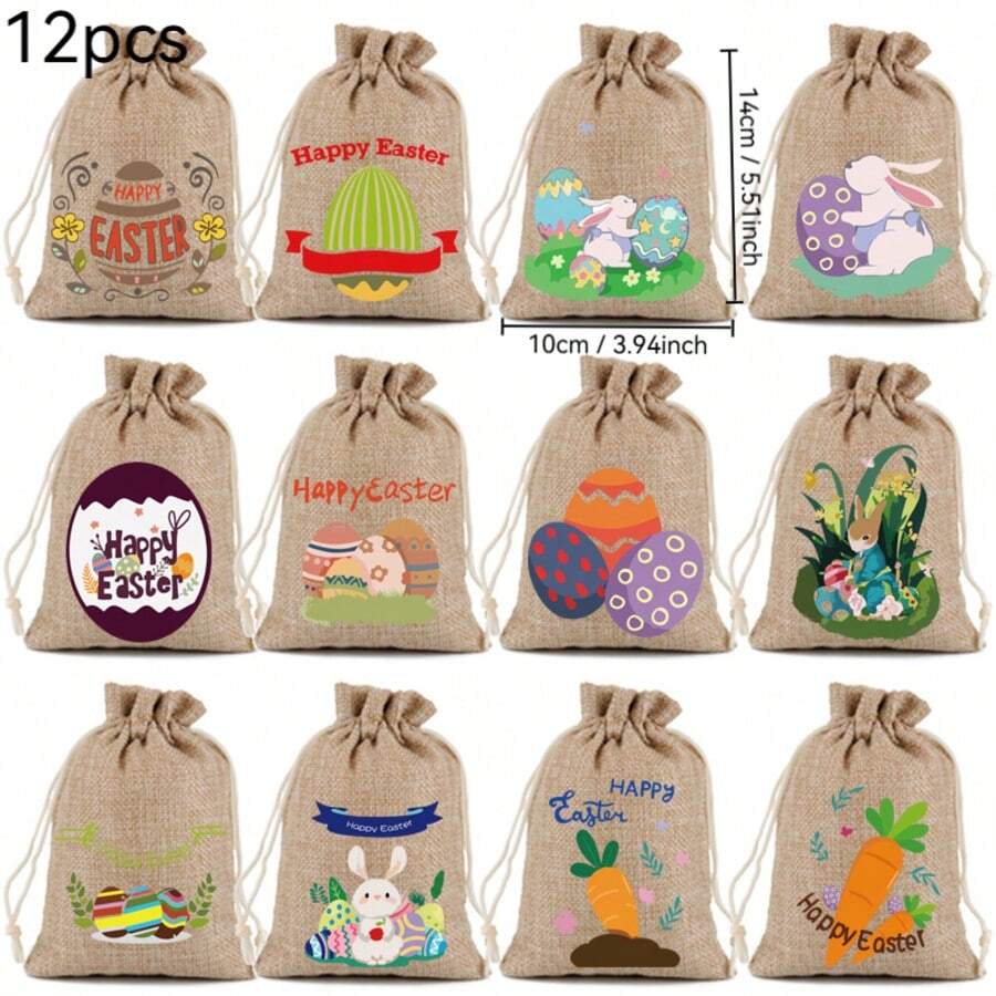 12 件可爱复活节束口袋，4 种颜色，非常适合装糖果和礼物