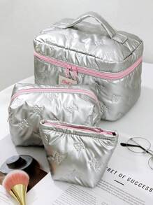 1 Pieza/Set Bolsa de Maquillaje Plateada Impermeable, Bolsa de Lavado, Bolsa de Maquillaje Portátil Elegante y Casual, Bolsa de Maquillaje Multifuncional y Sencilla, Bolsa de Almacenamiento Grande, Puede Usarse para Accesorios como Carteras, Lápices Labiales, Toallas Sanitarias, Monedas, Llaves, Bolsas de Almacenamiento de Viaje, Gafas de Sol, etc. Adecuado para Mujeres, Niñas, Adolescentes. Regalo de Cumpleaños, Regalo de Aniversario, Regalo para Madres. Bolsa de Maquillaje Impermeable.