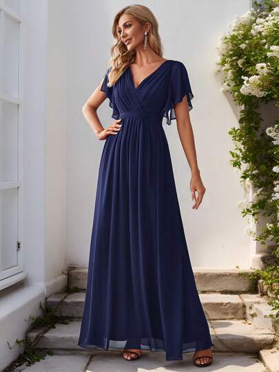Solid Color Long Chiffon Bridesmaid Dress, Deep V-Neck Waist Design, Elegant And Graceful, Suitable For Wedding Guests, Spring Semi-Formal Dress