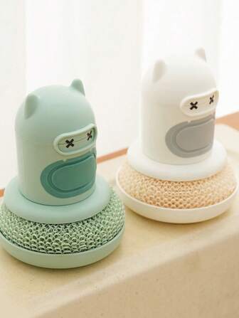 2 Pieces New Pot Brush Kitchen Cartoon Press-Type Brush Automatic Liquid Adding Pot Cute Cleaning Brush Pot Cleaning Brush
