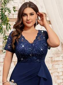 Plus V-Neck Sequin Lace Bodice Ruffle Hem Evening Party Bodycon Dress, Elegant Semi Formal Wedding Guest Dress, For Birthday, Graduation, Dinner Date - Navy Blue - View 9