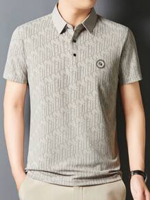 Men's Summer Letter Print Small Waffle Polo Shirt, Fashion Casual Collar Lightweight Business Commute Wear - White - View 3