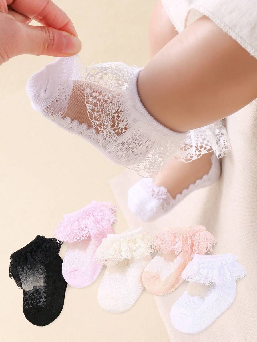 6 Pairs Of Short Socks For Baby Girls With Lace Skirt-Like Hems, Which Are Cool And Suitable For Summer. They Are Cute And Fashionable Socks For Baby Girls To Wear In Summer. - Nhiều màu - Xem 1