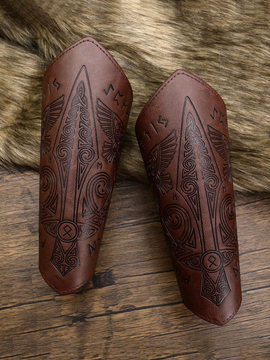 1 Pair Medieval Style Embossed Leather Wrist Guards, Cosplay Stage Props Rider Accessory - Brown - View 1