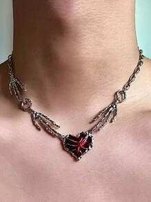 1 件红色爱心男士项链街头嘻哈男性亚文化 Y2k 配饰甜美酷炫暗黑吊坠夸张设计锁骨链派对珠宝礼物