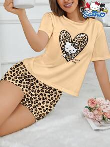 Sanrio 2 pezzi Set da pigiama da donna Hello Kitty Sanrio - Top a maniche corte e pantaloncini a stampa leopardata