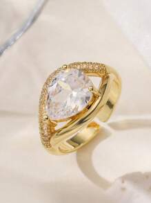 1pc elegante luxuoso 18K banhado a ouro cobre zircônio anel aberto geométrico, adequado para uso diário