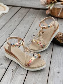 WRCVS Beige Women's Woven Strap Sandals, Summer Platform Wedge Heel, Handmade Beaded Braided Rope Sole, Lightweight Vacation Bohemian Style Elevated Outdoor Sandals