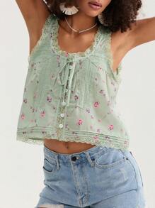 Women Lace Trim Vest Tank Tops Semi Sheer Tie Button Front Crop Y2K Going Out Tops Cute Summer Cami Shirt - 綠色 - 查看 8