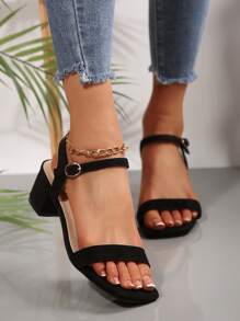 女士加大码新款中跟粗跟方头单带水钻装饰高跟鞋，优雅性感露趾，柔软底部防滑，适合日常通勤，搭配黑色绒面高跟鞋 - 黑色 - 查看 2