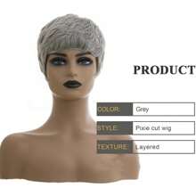 Elegant Short Pixie Cut Bob Wig With Bangs - Gray Layered Human Hair, Straight Style, Perfect For Parties & Cosplay, Machine Made,Hair Wig