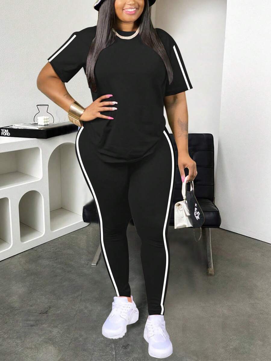 Conjunto de chándal de verano casual de manga corta, cuello redondo y ajustado, de color negro, de moda y para hacer ejercicio - Negro - Ver 1