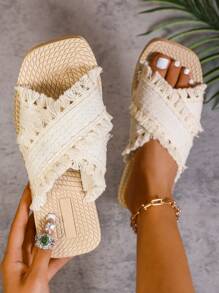 全新米色流苏交叉带女士拖鞋，轻便休闲平底凉鞋 - 米色 - 查看 1