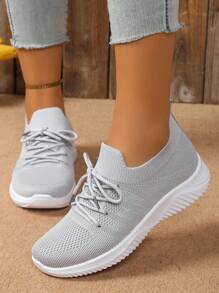 Women's Breathable Mesh Slip-On Athletic Sneakers, Soft Sole Comfortable Running Shoes With Non-Slip Bottom, Spring/Summer - Grey - View 1