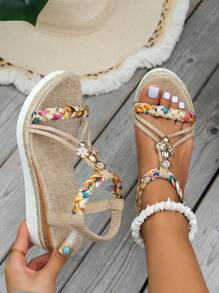 WRCVS Beige Women's Woven Strap Sandals, Summer Platform Wedge Heel, Handmade Beaded Braided Rope Sole, Lightweight Vacation Bohemian Style Elevated Outdoor Sandals