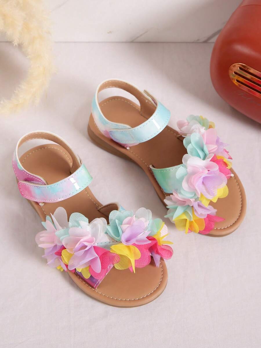 1 Pair Girls Colorful Floral Breathable Hook And Loop Flat Princess Sandals, Suitable For Summer