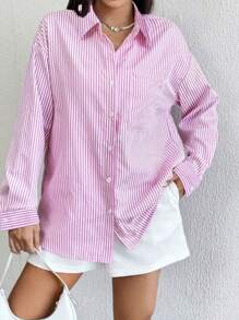 Women's Striped Dress Shirt Striped Blouse - 淺粉色 - 查看 3