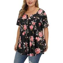 Maglietta casual da donna taglia curvy, con scollo a V e bottoni, stampa floreale, adatta per primavera/estate