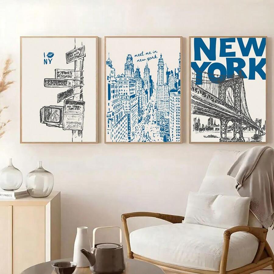纽约旅行印刷品 3 套，复古纽约海报，公寓美学，蓝色印刷墙艺术，数码印刷，无框
