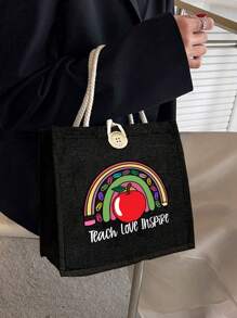1 pièce Sac à main en lin imprimé floral avec lettrage enseignant, cadeau pour enseignants, sac cadeau à motif lune et étoile, sac de courses portable et pliable, sac de rangement léger, sac de courses simple, sac de rangement pour infirmière, médecin, enseignant, cadeau pour mère, maquillage de voyage personnel, sac de courses, grand espace de rangement, toujours les meilleurs cadeaux de la Saint-Valentin