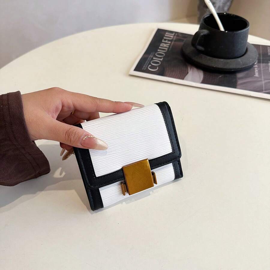 Trifold Pleated Colorblock Compact Wallet Wallet Purse Wallet Mini Wallet Small Wallet - White - View 1