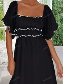 PoPoHouse Women's Dress Summer Vacation Casual Color Contrast Skirt With Ruffled Puffy Sleeves