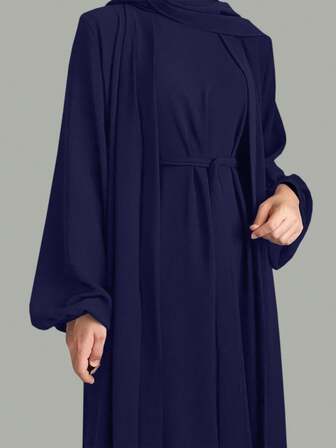 Women's Solid Color Comfortable Casual Loose Cardigan + Sleeveless Robe Two Pieces Set Abaya Robe With Belt - No Headscarf, Quick Ship