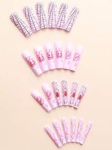 24 stuks nieuwe extra lange persnagels, inclusief roze spin, pompoen, rock punk-stijl, kistvorm, 1 nagelvijl en 1 gelei-gel, geschikt voor meisjes, dames, feesten, bruiloften, verjaardagen, dagelijks gebruik