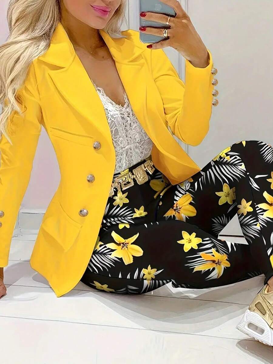 Women's Printed Two-Piece Suit Set, Solid Color Double Breasted Lapel Suit Jacket And Printed Slim Fit Pants - 黃色 - 查看 1
