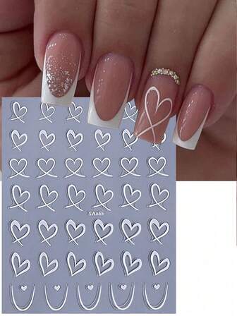 Pegatinas para decoración de uñas con forma de corazón, pegatinas para decoración de uñas con forma de corazón al estilo francés en rosa, blanco y negro, pegatinas para decoración de uñas con patrón de corazón hueco y de colores, pegatinas de arte de uñas adhesivas de bricolaje aptas para decoración de uñas en el Día de San Valentín