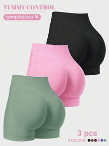 VVX 3PCS Women's Workout Shorts Seamless Scrunch Butt Lifting Yoga Gym Athletic High Waisted Tummy Control Shorts Sexy Booty Stretch Workout Exercise Hot Shorts, Gym Shorts, Running Shorts, Peach Lifting Hip Sports Shorts - 黑色/粉紅色/綠色 - 查看 1