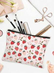 1pc Aardbeienpatroon Thema Volledige Print Make-up Tas - Lichtgewicht En Geurloze Polyester Reis Toilettas, Cartoon Aardbei Leuke Multifunctionele Canvas Tas, Oplaad Opbergtas, Essentiële Reis Make-up Tas: Meisjes Reis Reddingsboei Tas